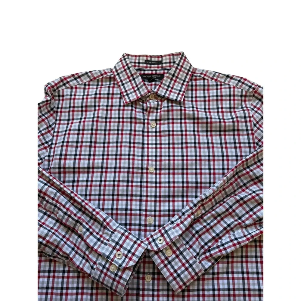 Banana Republic Mens Red Black Plaid Button Down Shirt L Camden Fit Non-Iron